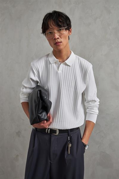 Erkek Polo Yaka Fitilli Oversize Triko Kazak Beyaz