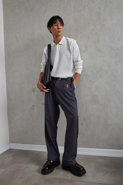 Erkek Polo Yaka Fitilli Oversize Triko Kazak Beyaz