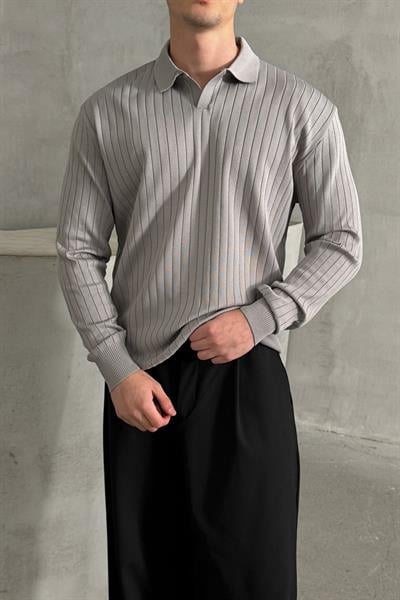 Erkek Polo Yaka Fitilli Oversize Triko Kazak Gri