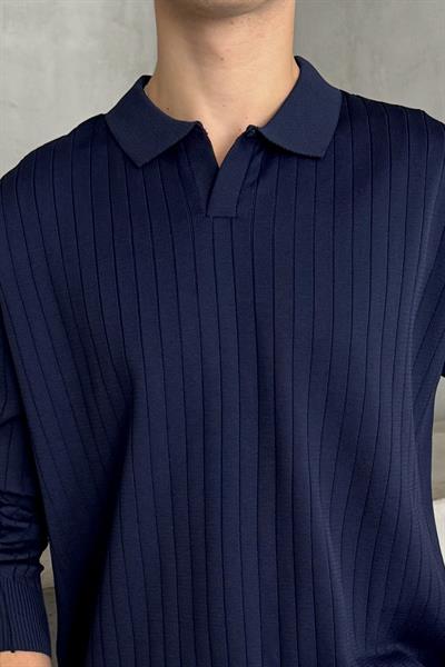 Erkek Polo Yaka Fitilli Oversize Triko Kazak Lacivert