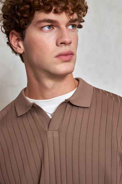 Erkek Polo Yaka Fitilli Oversize Triko Kazak Vizon