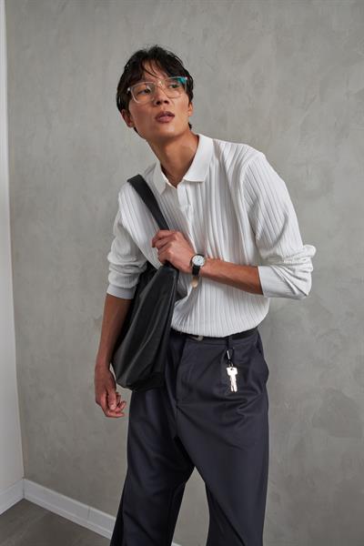 Erkek Polo Yaka Fitilli Oversize Triko Kazak Beyaz