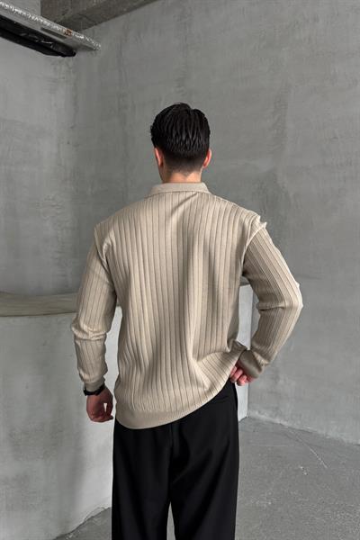Erkek Polo Yaka Fitilli Oversize Triko Kazak Bej