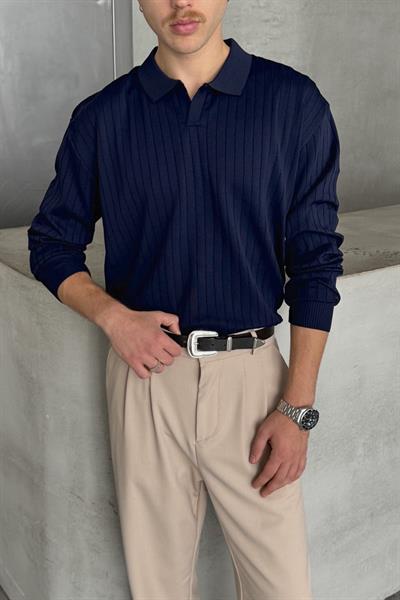 Erkek Polo Yaka Fitilli Oversize Triko Kazak Lacivert