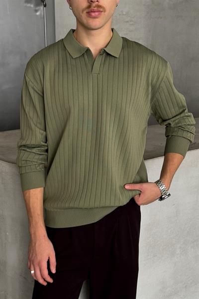 Erkek Polo Yaka Fitilli Oversize Triko Kazak Haki