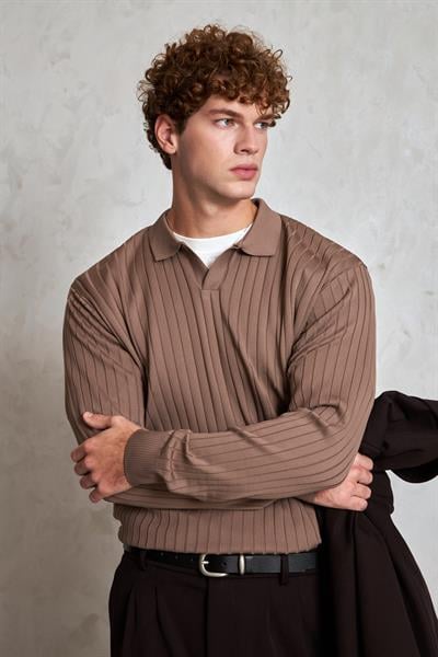 Erkek Polo Yaka Fitilli Oversize Triko Kazak Vizon
