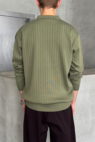 Erkek Polo Yaka Fitilli Oversize Triko Kazak Haki