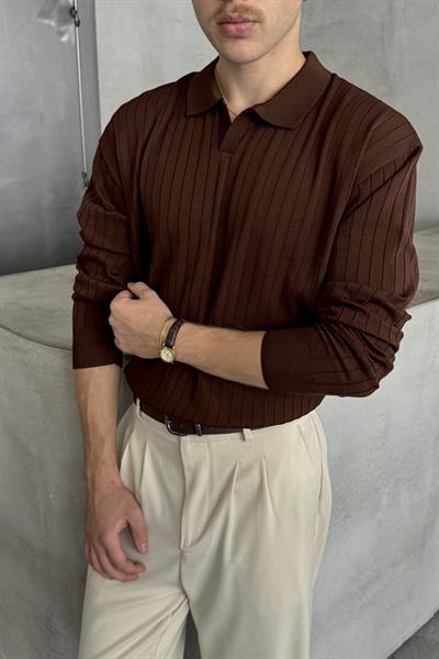 Erkek Polo Yaka Fitilli Oversize Triko Kazak Kahverengi