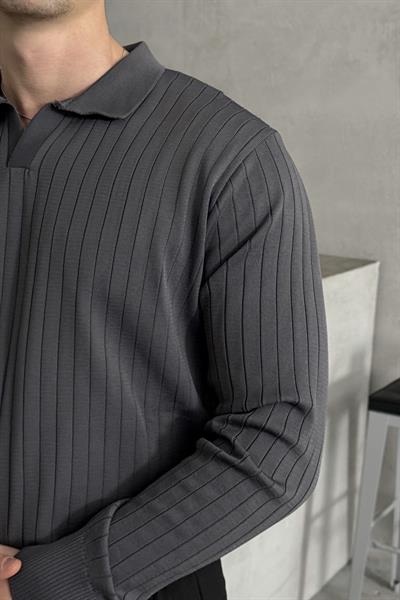 Erkek Polo Yaka Fitilli Oversize Triko Kazak Antrasit
