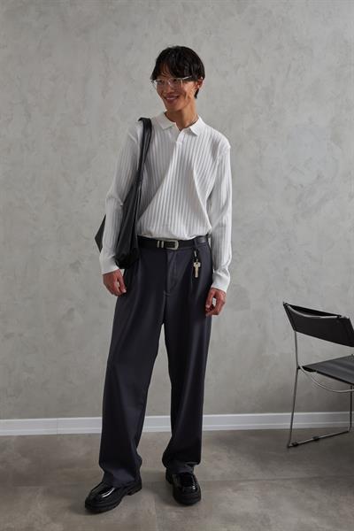 Erkek Polo Yaka Fitilli Oversize Triko Kazak Beyaz