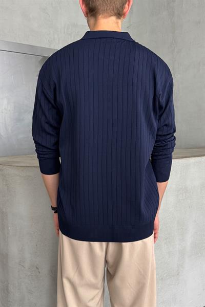 Erkek Polo Yaka Fitilli Oversize Triko Kazak Lacivert