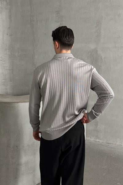 Erkek Polo Yaka Fitilli Oversize Triko Kazak Gri