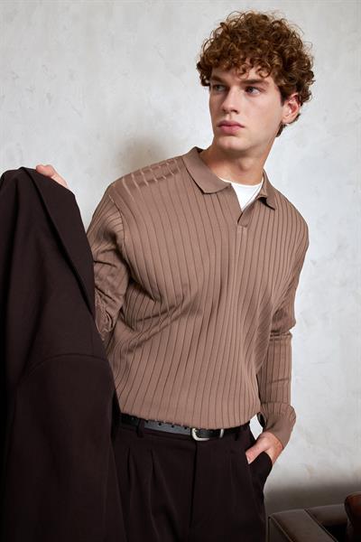 Erkek Polo Yaka Fitilli Oversize Triko Kazak Vizon
