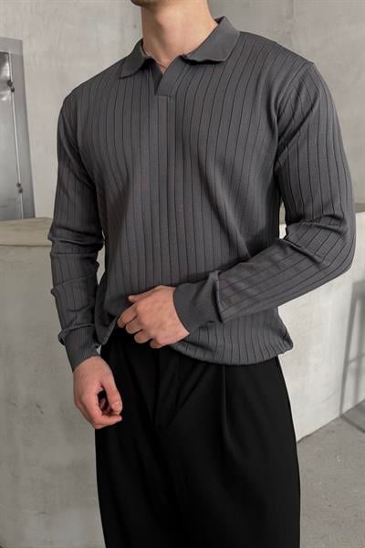 Erkek Polo Yaka Fitilli Oversize Triko Kazak Antrasit