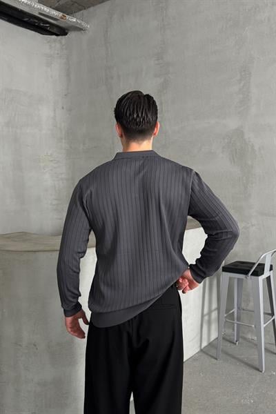 Erkek Polo Yaka Fitilli Oversize Triko Kazak Antrasit