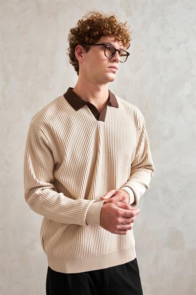 Erkek Polo Yaka Nopeli Oversize Triko Kazak Krem