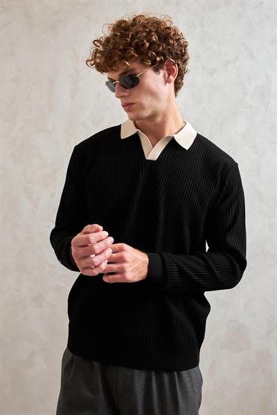 Erkek Polo Yaka Nopeli Oversize Triko Kazak Siyah