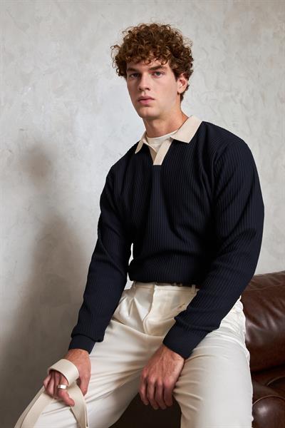 Erkek Polo Yaka Nopeli Oversize Triko Kazak Lacivert