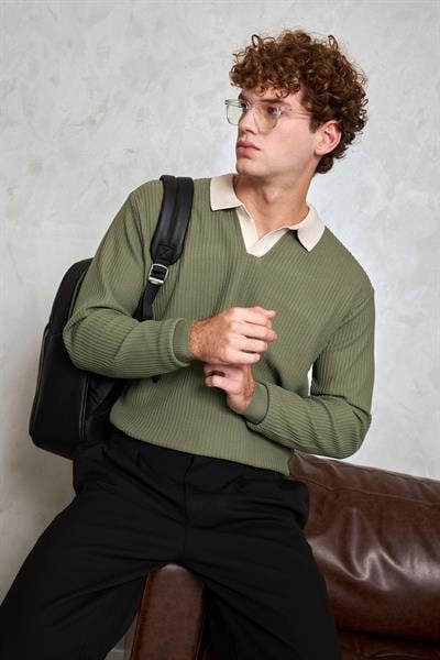 Erkek Polo Yaka Nopeli Oversize Triko Kazak Haki