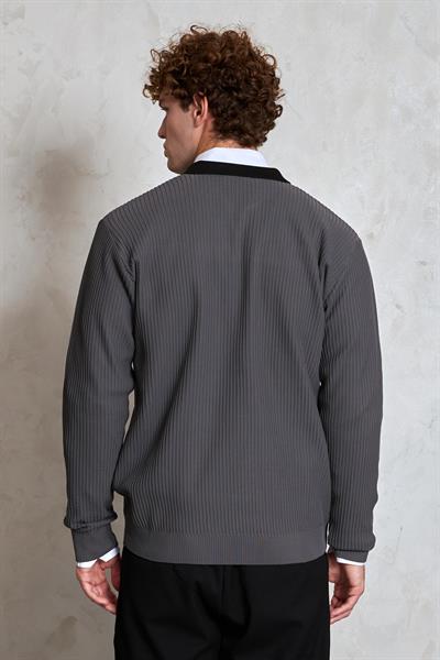 Erkek Polo Yaka Nopeli Oversize Triko Kazak Koyu Füme