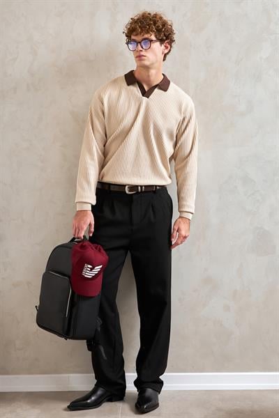 Erkek Polo Yaka Nopeli Oversize Triko Kazak Krem