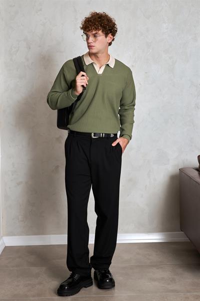 Erkek Polo Yaka Nopeli Oversize Triko Kazak Haki