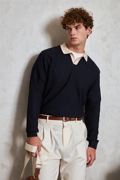 Erkek Polo Yaka Nopeli Oversize Triko Kazak Lacivert
