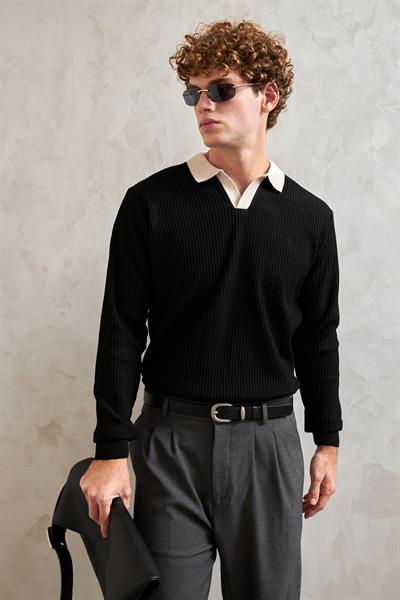 Erkek Polo Yaka Nopeli Oversize Triko Kazak Siyah