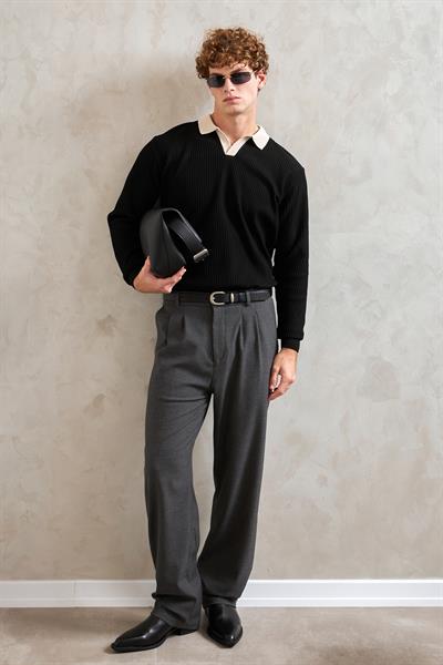 Erkek Polo Yaka Nopeli Oversize Triko Kazak Siyah