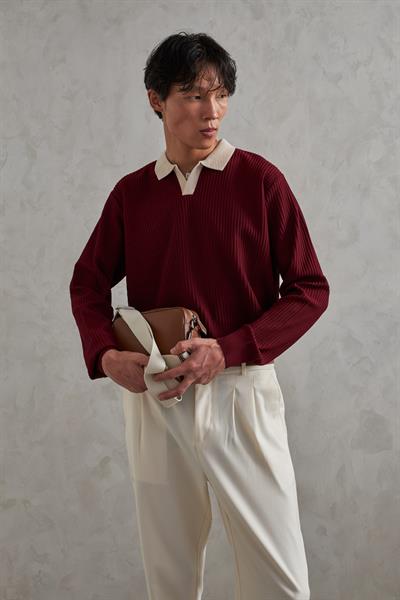 Erkek Polo Yaka Nopeli Oversize Triko Kazak Bordo