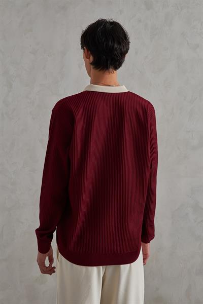 Erkek Polo Yaka Nopeli Oversize Triko Kazak Bordo