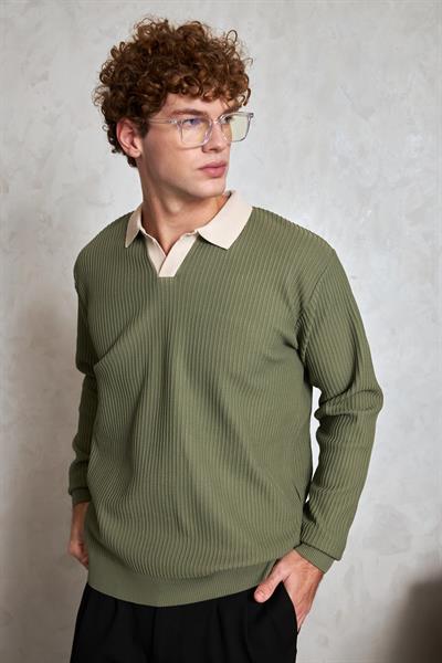 Erkek Polo Yaka Nopeli Oversize Triko Kazak Haki