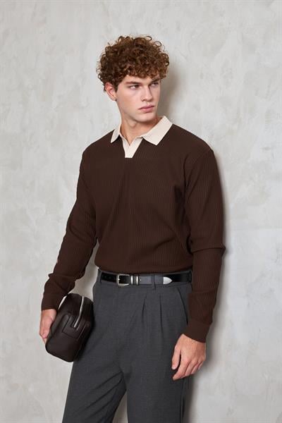 Erkek Polo Yaka Nopeli Oversize Triko Kazak Kahverengi