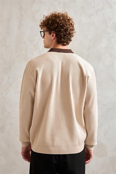 Erkek Polo Yaka Nopeli Oversize Triko Kazak Krem