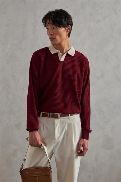Erkek Polo Yaka Nopeli Oversize Triko Kazak Bordo