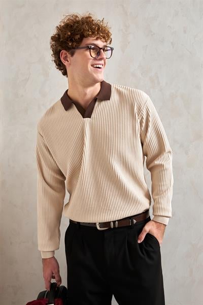 Erkek Polo Yaka Nopeli Oversize Triko Kazak Krem