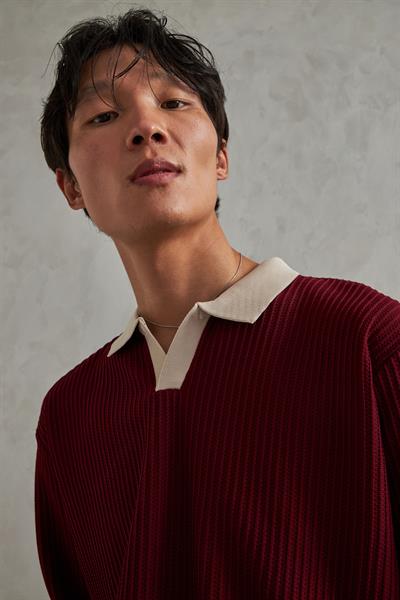 Erkek Polo Yaka Nopeli Oversize Triko Kazak Bordo