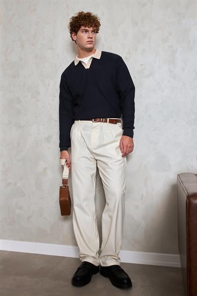 Erkek Polo Yaka Nopeli Oversize Triko Kazak Lacivert