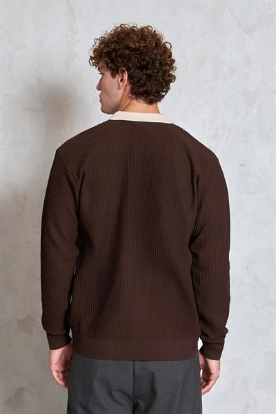 Erkek Polo Yaka Nopeli Oversize Triko Kazak Kahverengi
