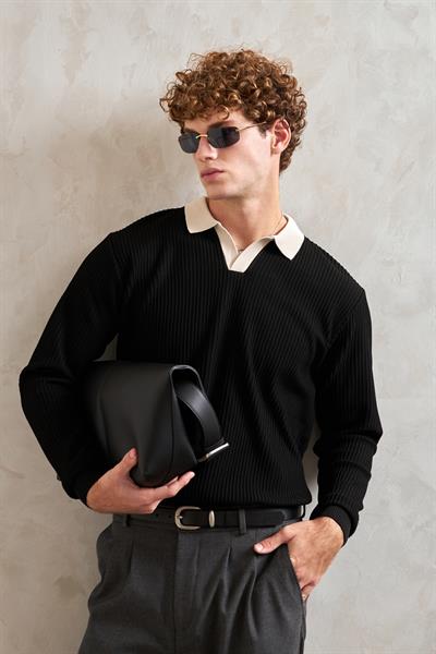 Erkek Polo Yaka Nopeli Oversize Triko Kazak Siyah