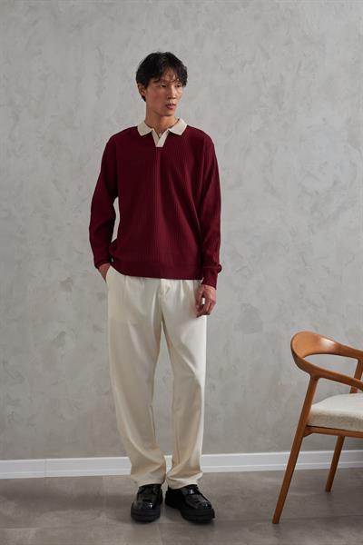 Erkek Polo Yaka Nopeli Oversize Triko Kazak Bordo