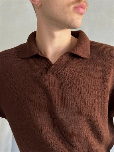 Erkek Polo Yaka Örme Oversize Kazak Kahverengi