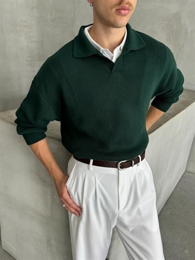 Erkek Polo Yaka Örme Oversize Kazak Koyu Yeşil