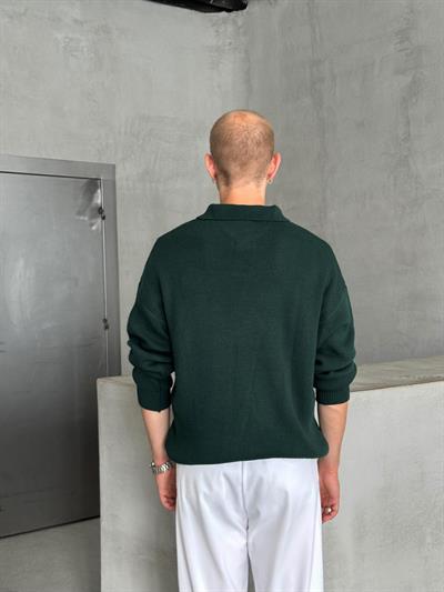 Erkek Polo Yaka Örme Oversize Kazak Koyu Yeşil