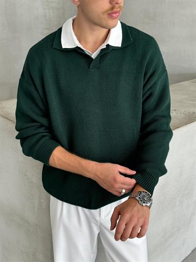 Erkek Polo Yaka Örme Oversize Kazak Koyu Yeşil