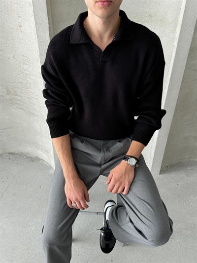 Erkek Polo Yaka Örme Oversize Kazak Siyah