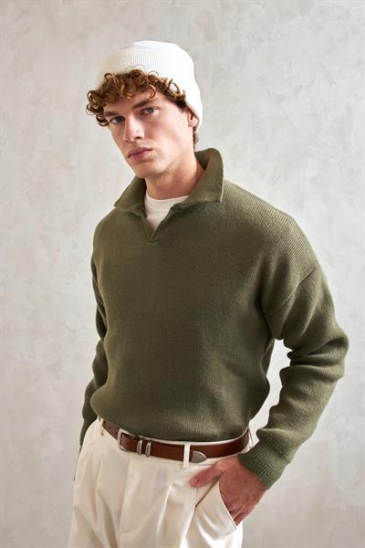 Erkek Polo Yaka Örme Oversize Kazak Yeşil
