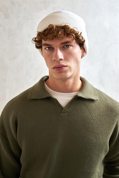 Erkek Polo Yaka Örme Oversize Kazak Yeşil