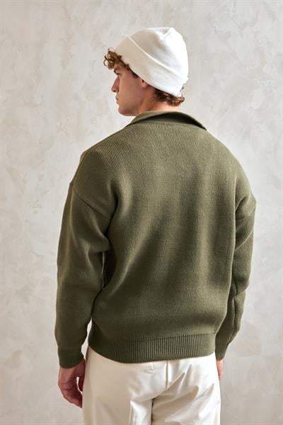 Erkek Polo Yaka Örme Oversize Kazak Yeşil