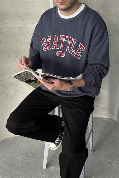 Erkek Seattle Baskılı Oversize Sweatshirt FÜME